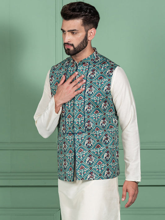 Men Green Traditional Motifs Nehru Jacket