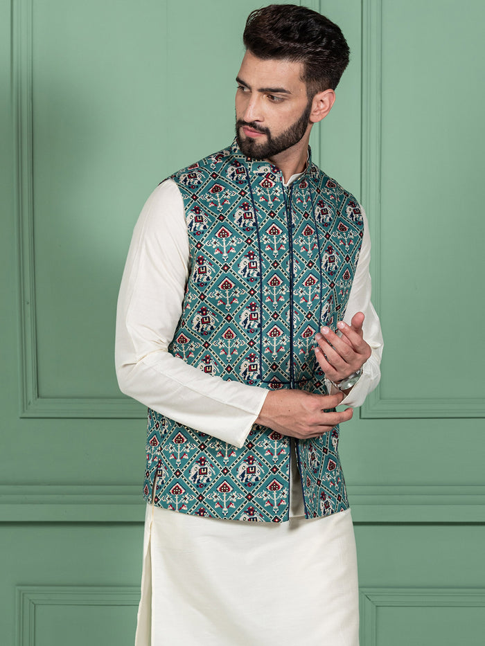 Men Green Traditional Motifs Nehru Jacket