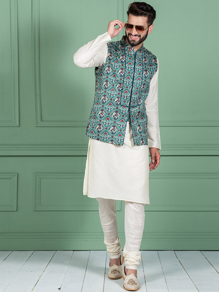 Men Green Traditional Motifs Nehru Jacket