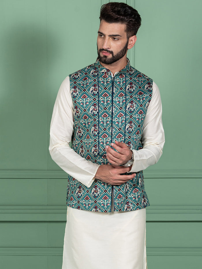 Men Green Traditional Motifs Nehru Jacket