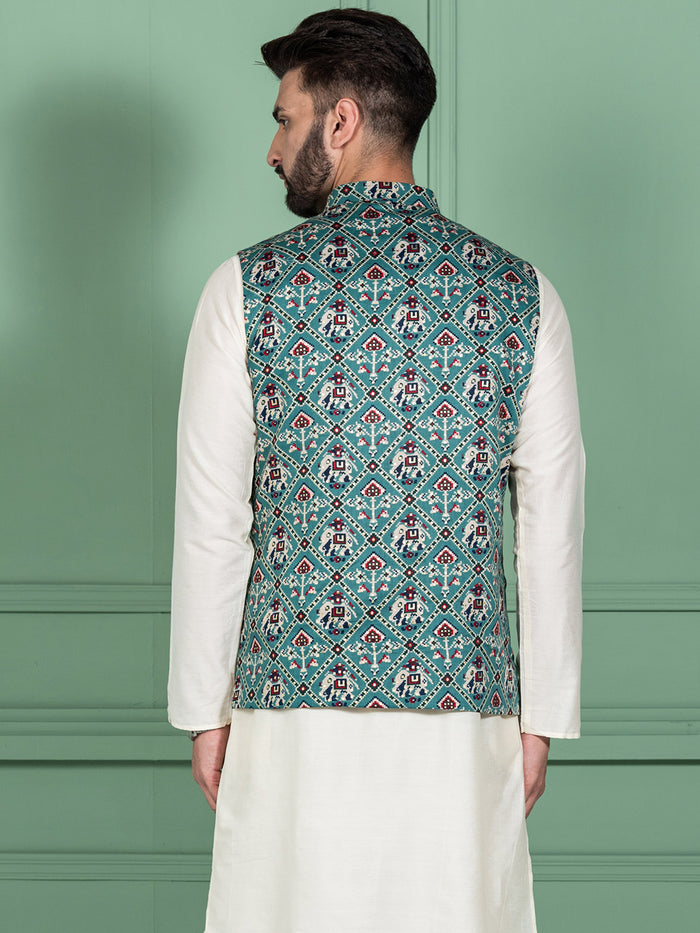 Men Green Traditional Motifs Nehru Jacket
