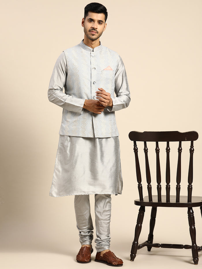 Men Grey Color Kurta Jacket Set