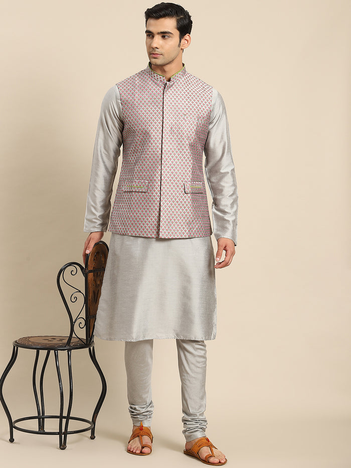 Men Grey Kurta Jacket Set