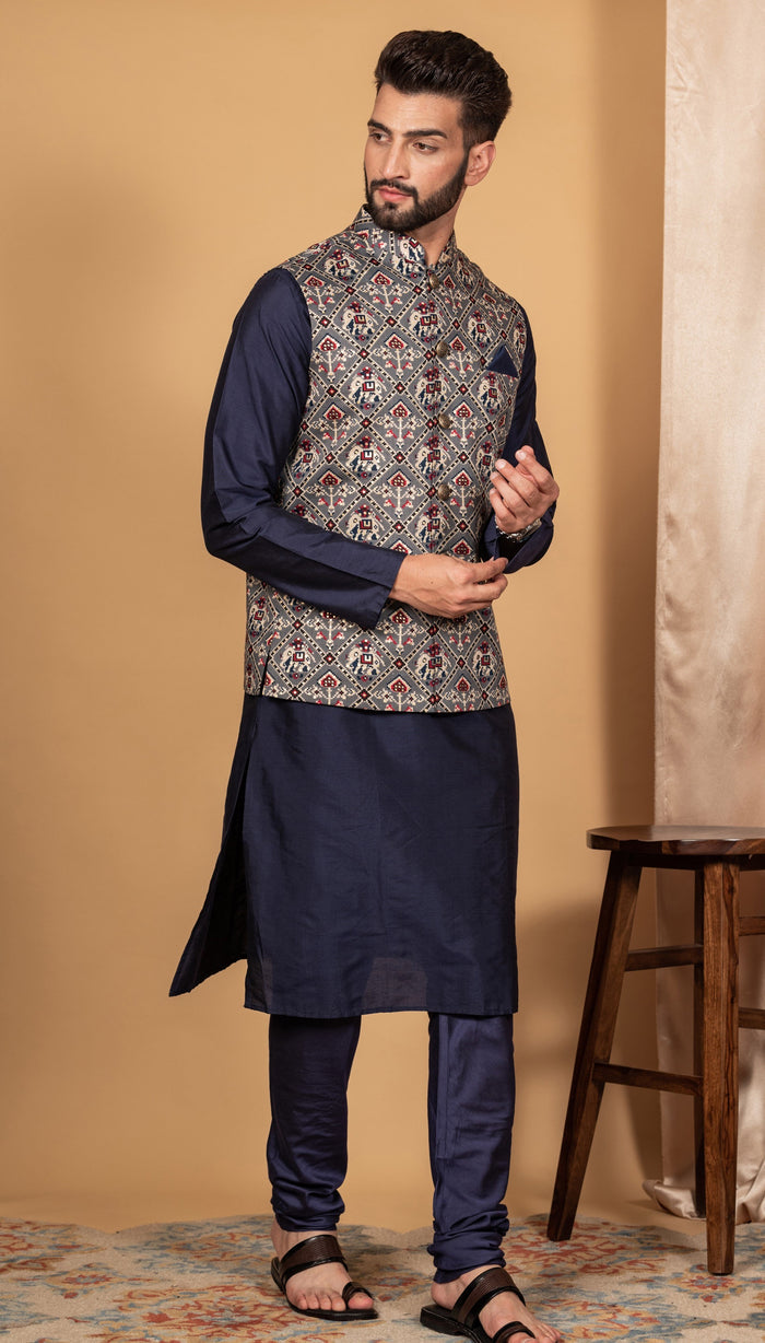 Men Grey Kurta Jacket Set