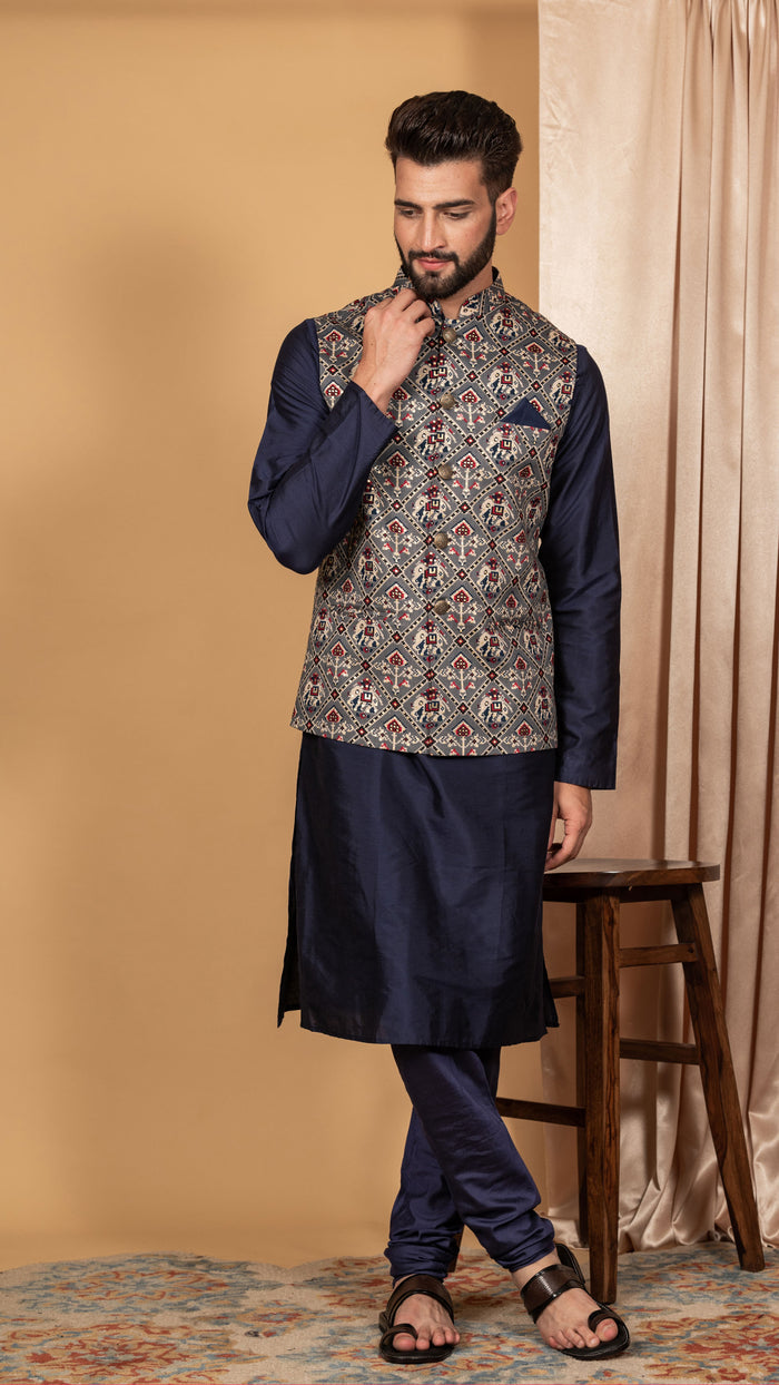 Men Grey Kurta Jacket Set