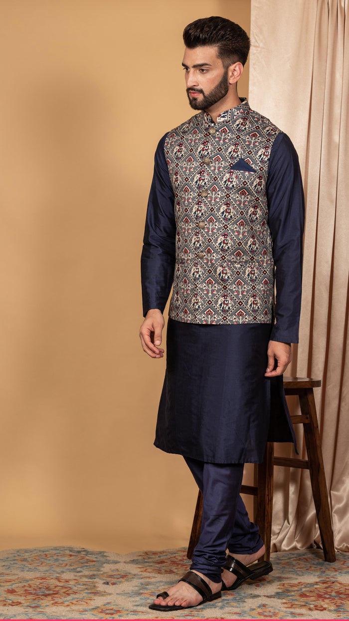 Men Grey Kurta Jacket Set