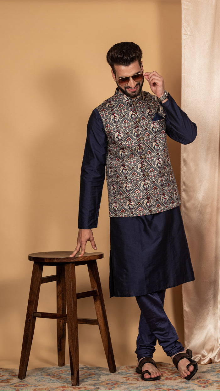 Men Grey Kurta Jacket Set