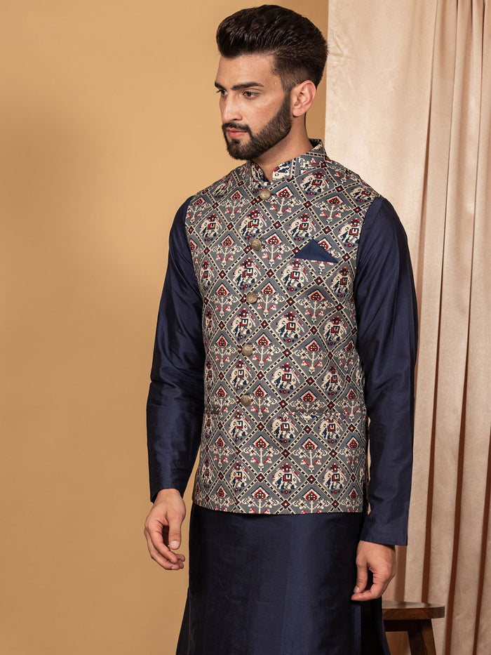 Men Grey Traditional Motifs Nehru Jacket