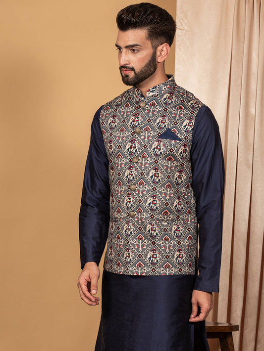 Men Grey Traditional Motifs Nehru Jacket