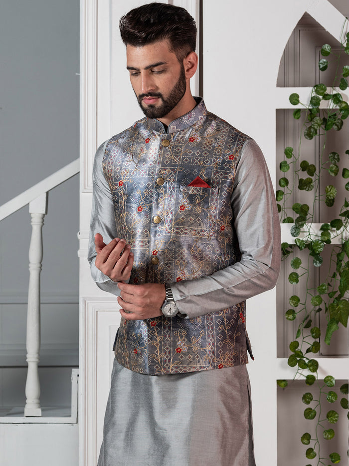 Men Grey Traditional Motifs Nehru Jacket