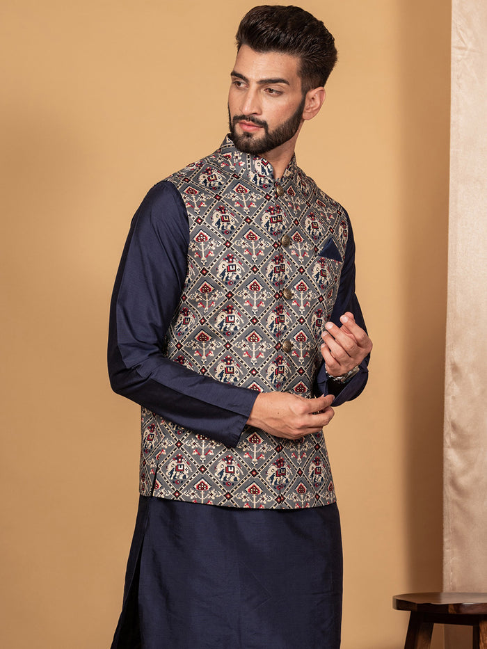 Men Grey Traditional Motifs Nehru Jacket