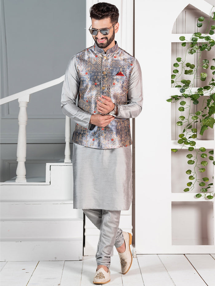 Men Grey Traditional Motifs Nehru Jacket