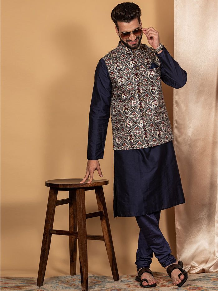 Men Grey Traditional Motifs Nehru Jacket