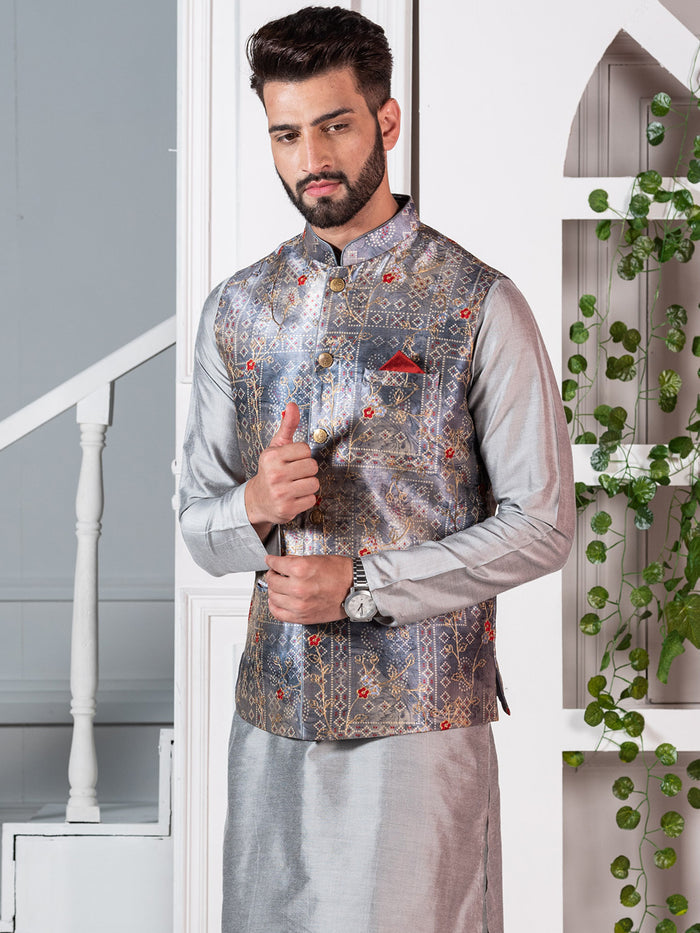 Men Grey Traditional Motifs Nehru Jacket