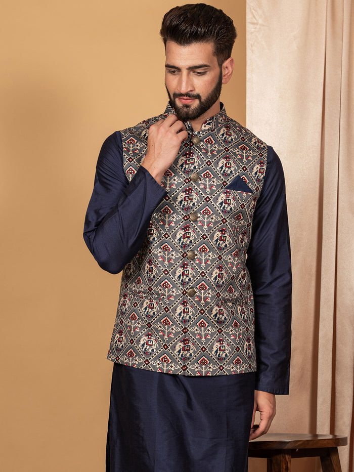 Men Grey Traditional Motifs Nehru Jacket