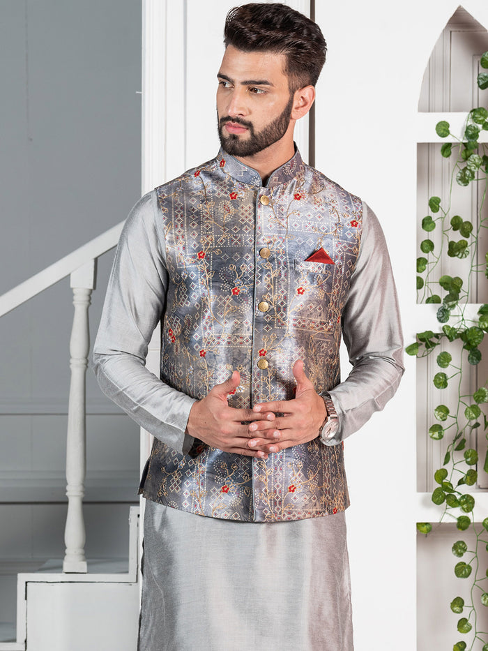 Men Grey Traditional Motifs Nehru Jacket
