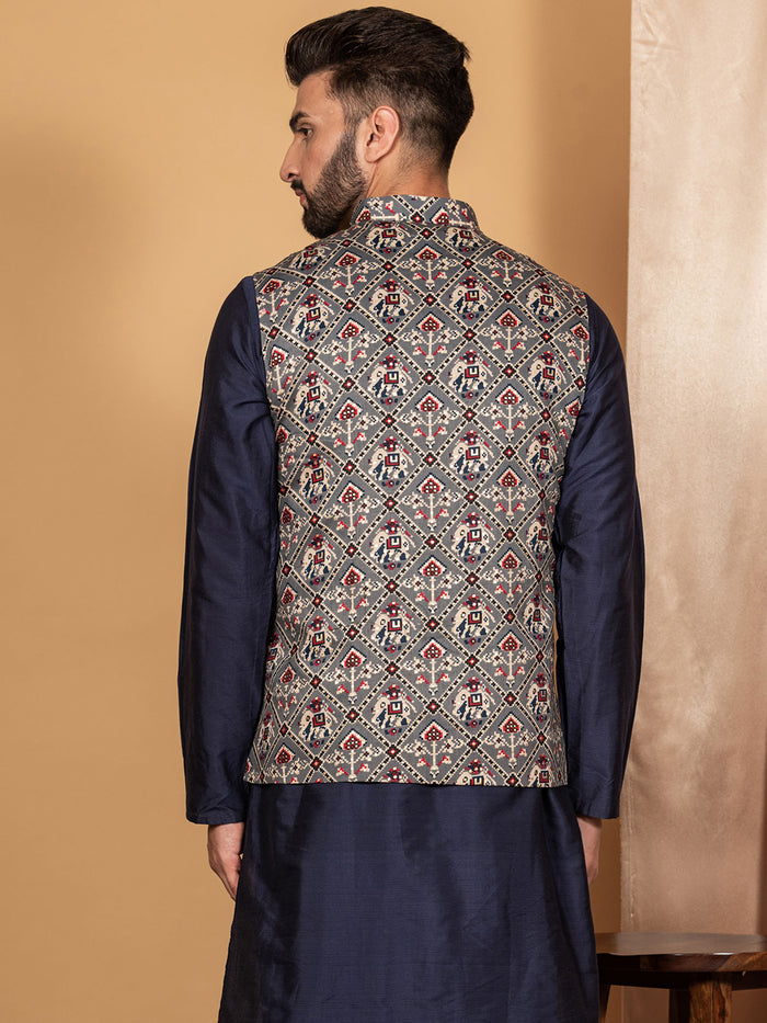 Men Grey Traditional Motifs Nehru Jacket