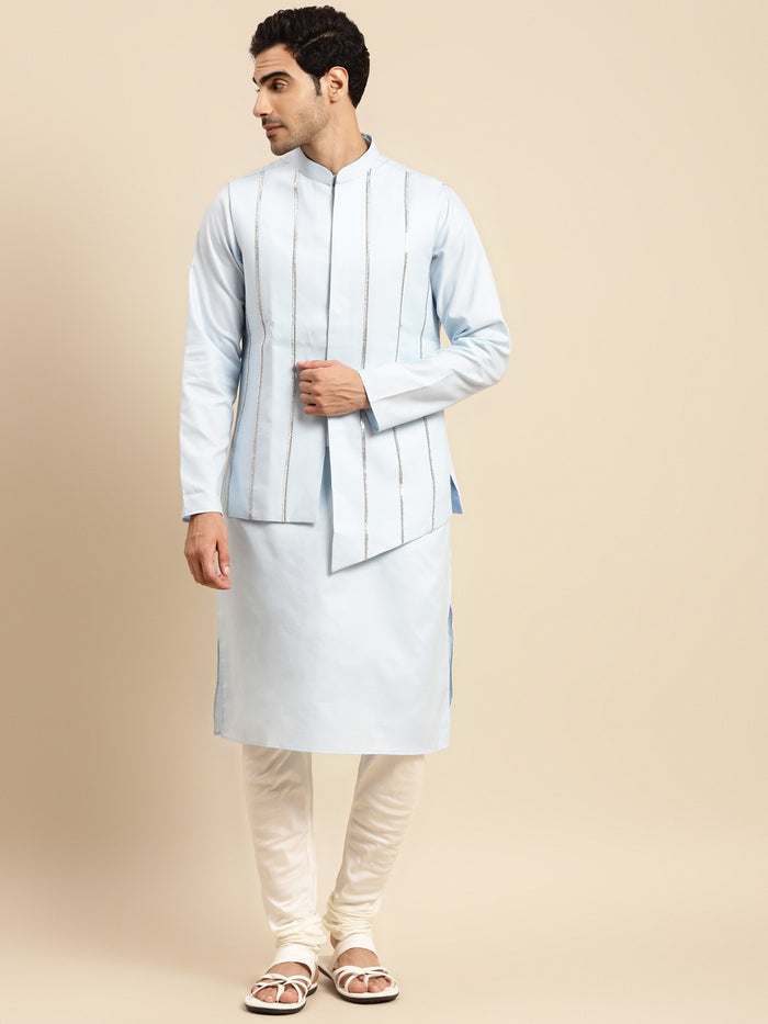 Men Light Blue kurta jacket set