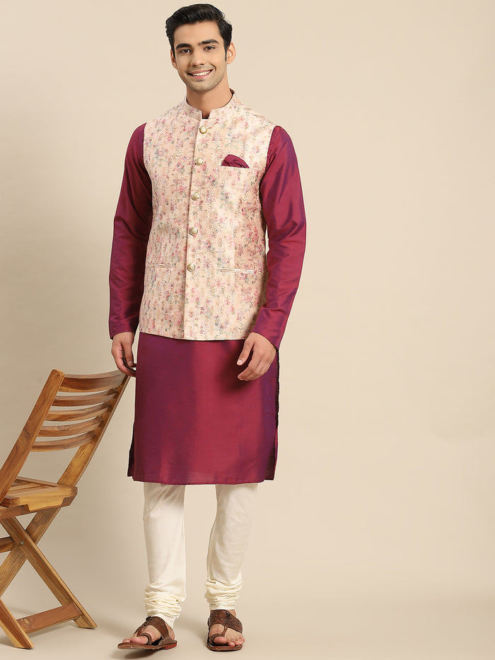 Men Light Pink Kurta Jacket Churidar Set