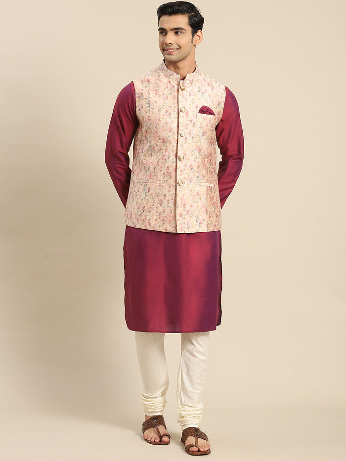 Men Light Pink Kurta Jacket Churidar Set