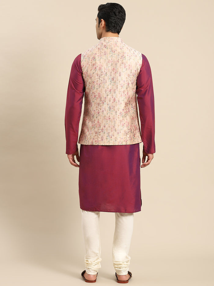 Men Light Pink Kurta Jacket Churidar Set