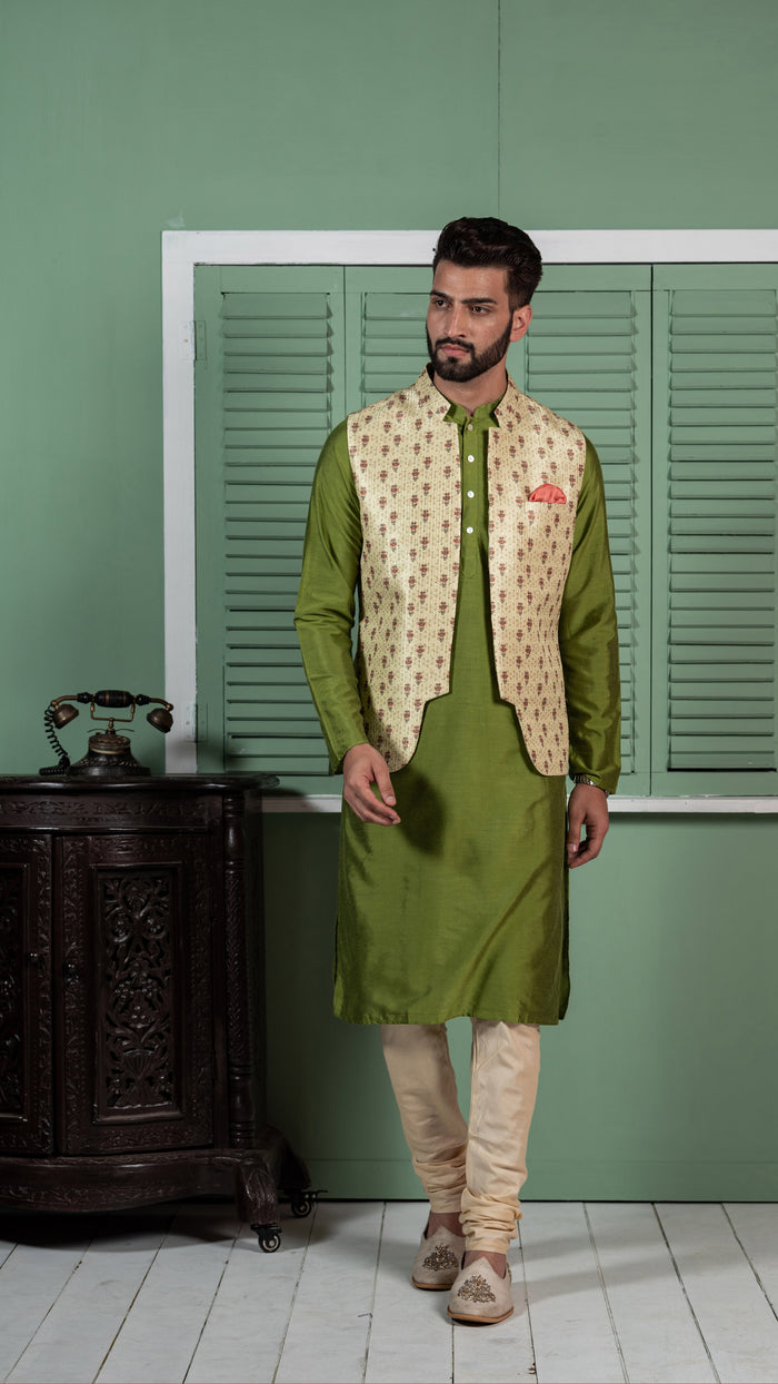 Men Lime Green Kurta Jacket Set