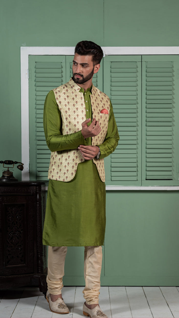 Men Lime Green Kurta Jacket Set
