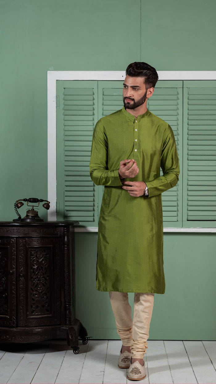 Men Lime Green Kurta Jacket Set