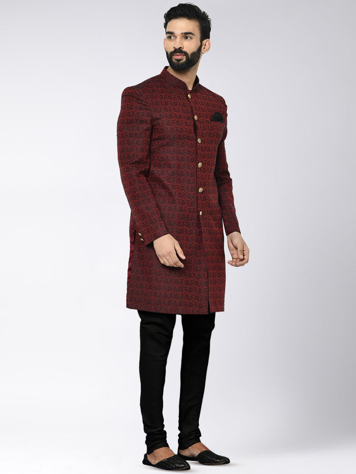 Men Maroon Textured Indowestern Churidar Set