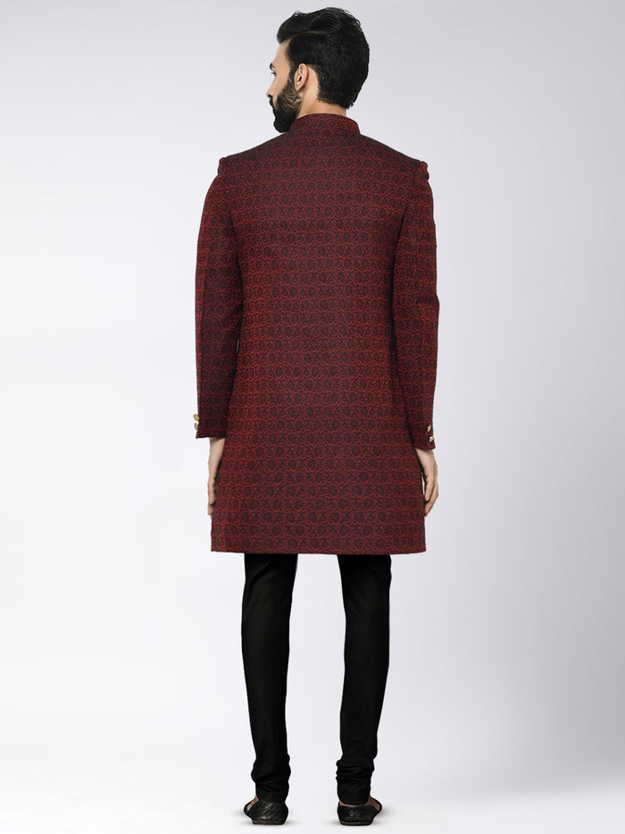 Men Maroon Textured Indowestern Churidar Set