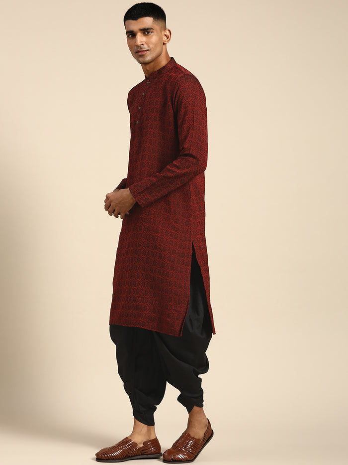 Men Maroon Textured Kurta Dhoti Set