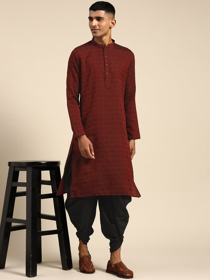 Men Maroon Textured Kurta Dhoti Set