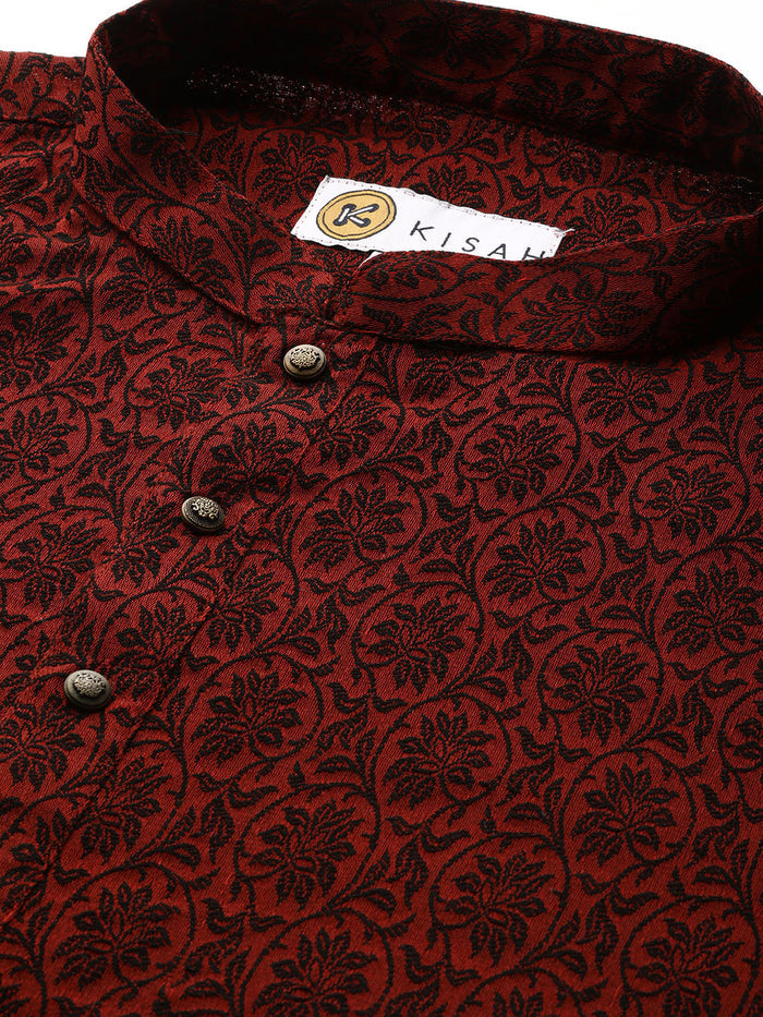 Men Maroon Textured Kurta Dhoti Set