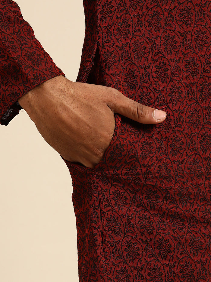 Men Maroon Textured Kurta Dhoti Set