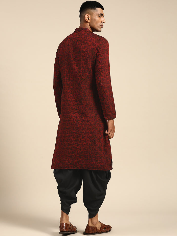 Men Maroon Textured Kurta Dhoti Set