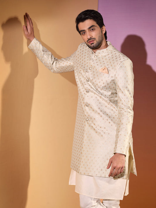Men Mint Green Textured Kurta Indowestern Churidar Set