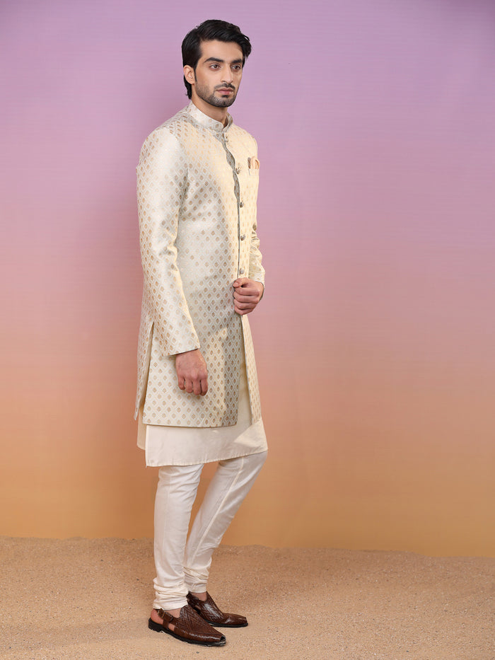 Men Mint Green Textured Kurta Indowestern Churidar Set