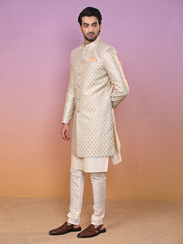 Men Mint Green Textured Kurta Indowestern Churidar Set