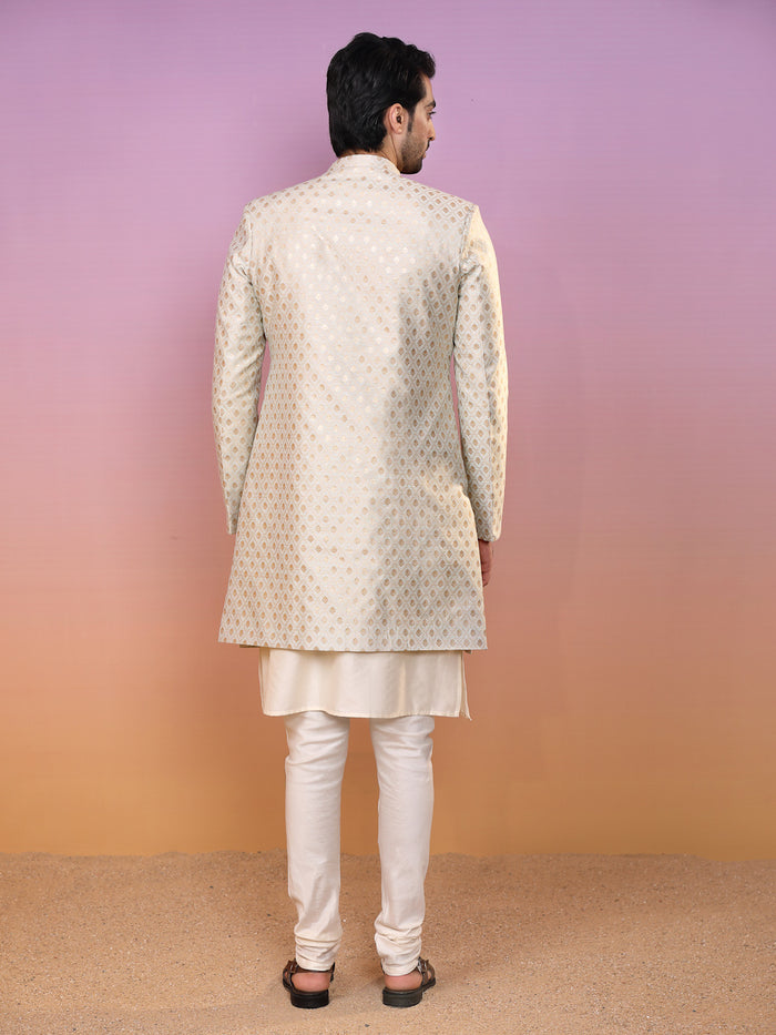 Men Mint Green Textured Kurta Indowestern Churidar Set