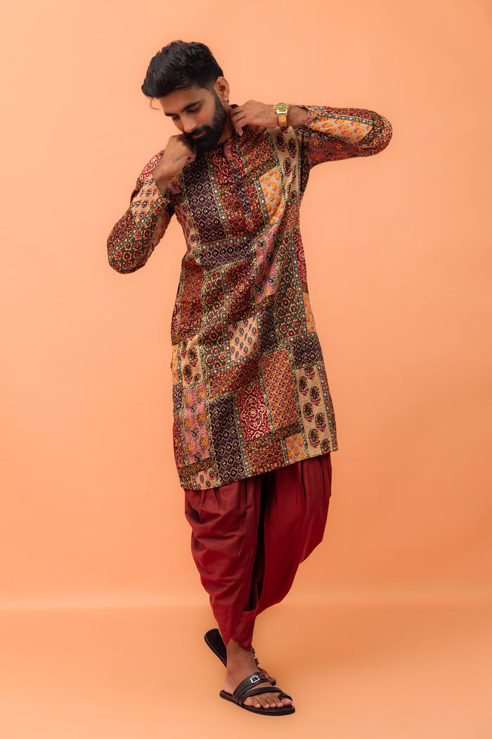 Men Multi-Color Patchwork Printed Kurta with Maroon Dhoti Set