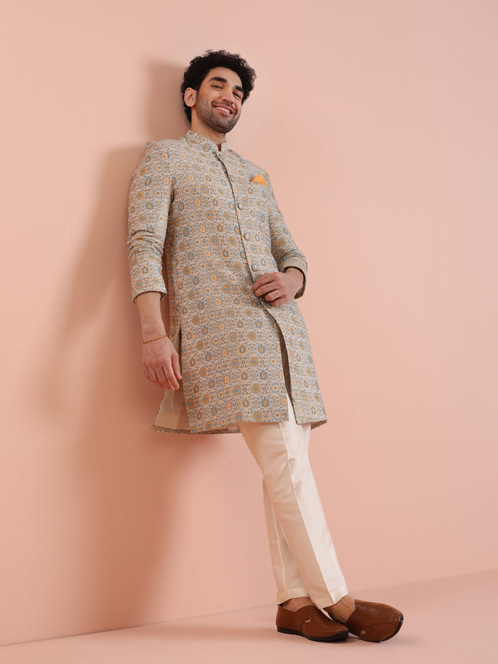 Men Multi Coloured Textured Indowestern Trouser Set
