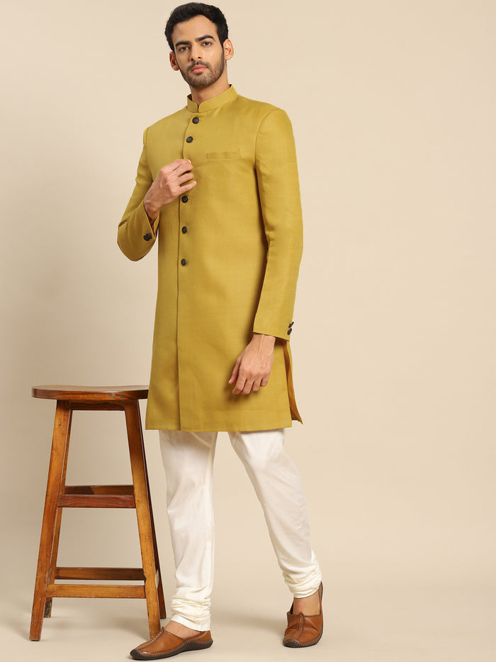 Men Mustard Yellow Solid Indowestern Churidar Set