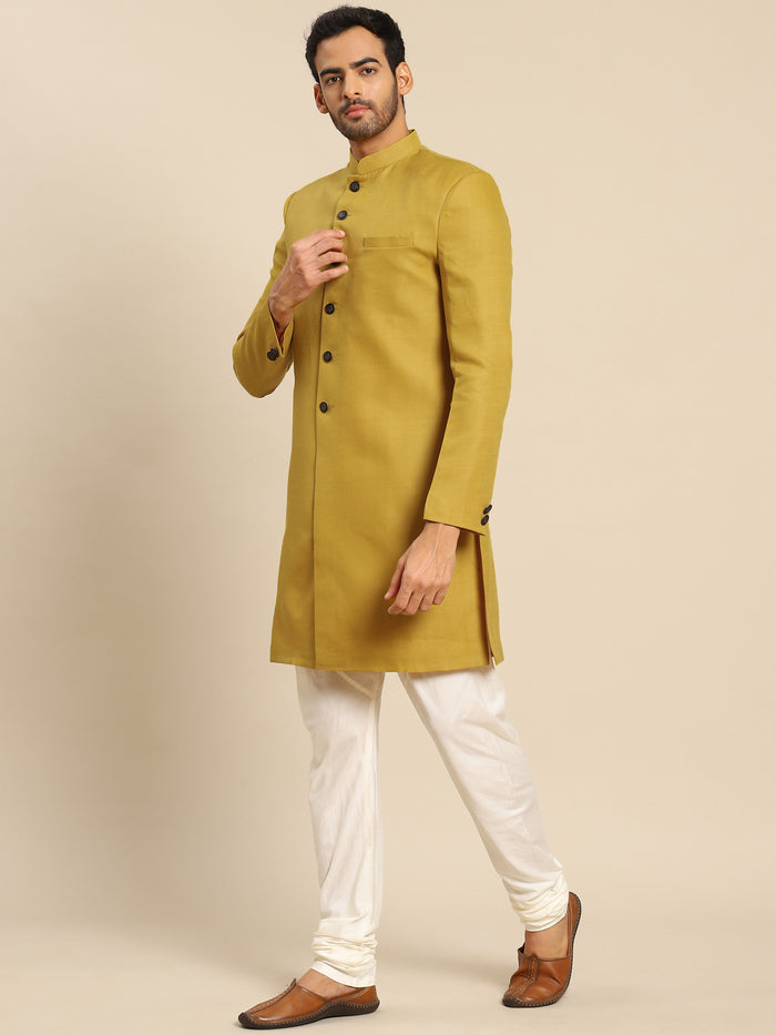 Men Mustard Yellow Solid Indowestern Churidar Set