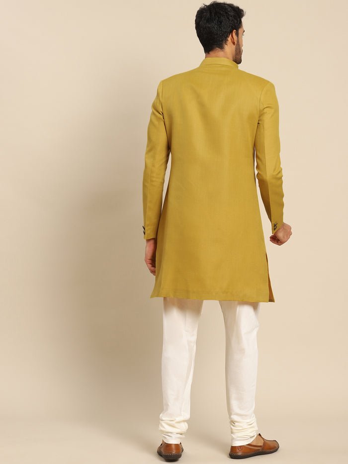 Men Mustard Yellow Solid Indowestern Churidar Set