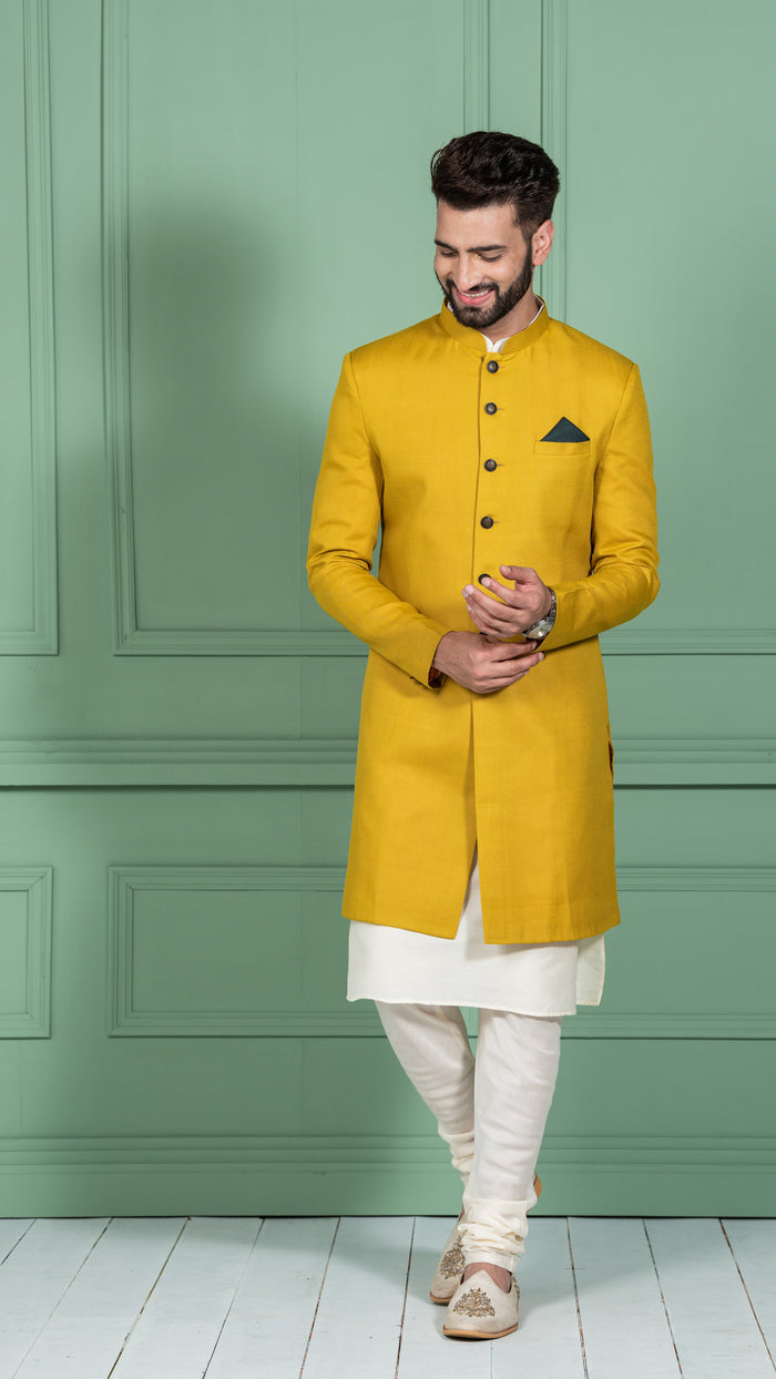 Men Mustard Yellow Solid Kurta Indowestern Churidar Set