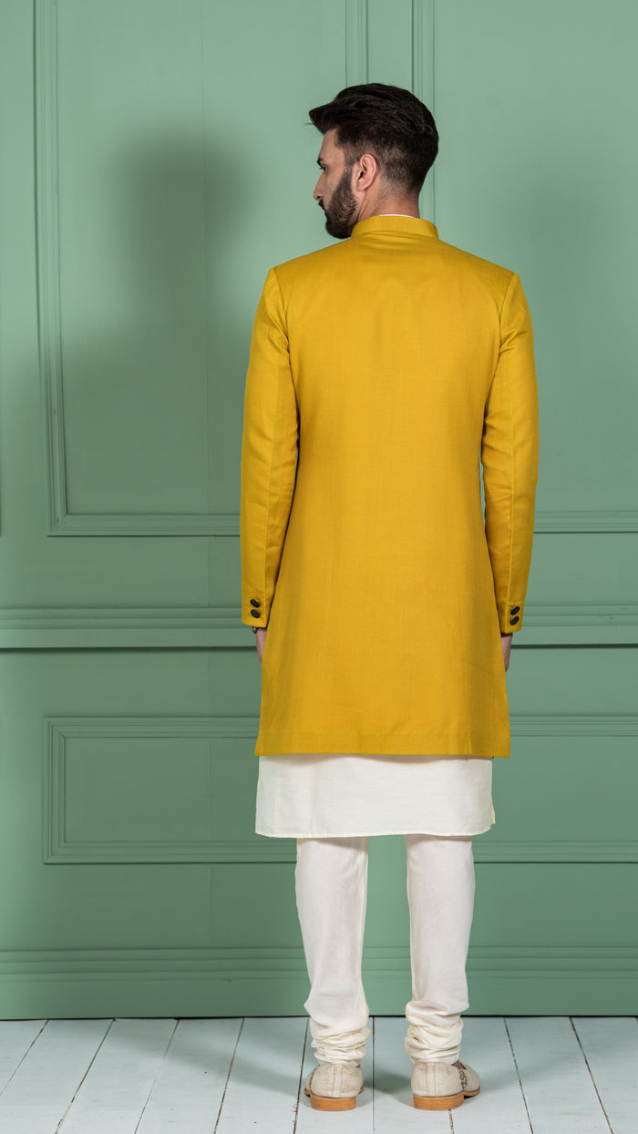 Men Mustard Yellow Solid Kurta Indowestern Churidar Set