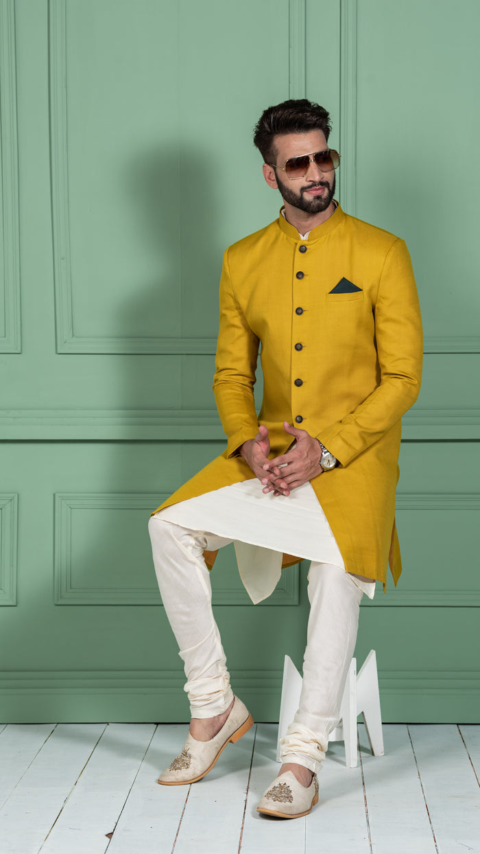 Men Mustard Yellow Solid Kurta Indowestern Churidar Set