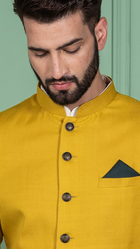 Men Mustard Yellow Solid Kurta Indowestern Churidar Set