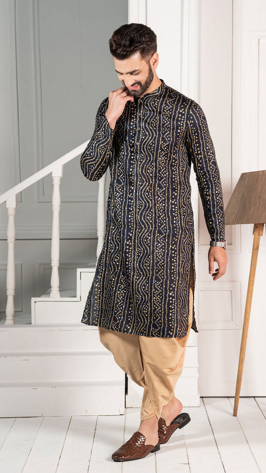 Men Navy Bandhani Kurta