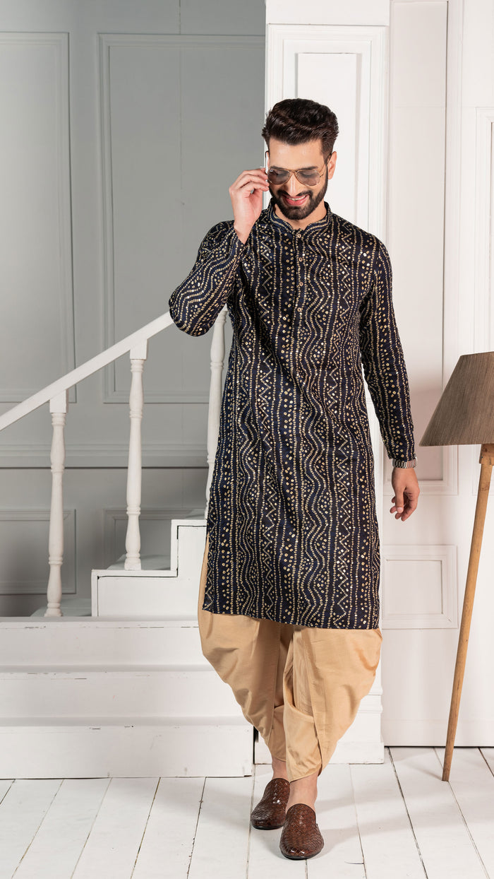 Men Navy Bandhani Kurta